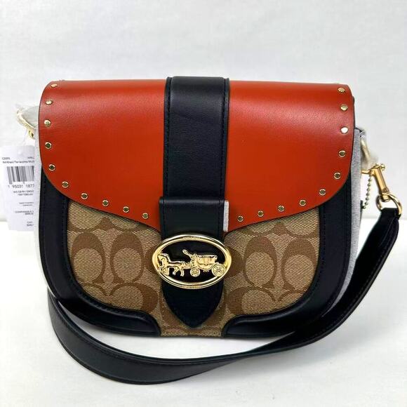 Coach C3593 Georgie Saddle Bag In Colorblock Signature Canvas Terracotta  Multi - Picture 1 of 11